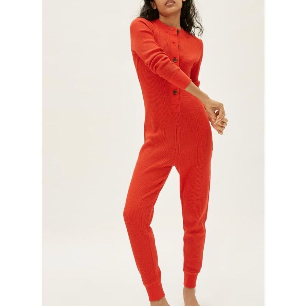 Everlane The Waffle Knit One Piece Pajama Lounge Button Front Red Medium